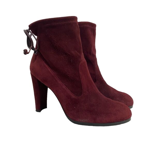 Stuart Weitzman Burgundy Suede Glove Tie Back Round Toe Heeled Ankle Bootie 7.5 - Picture 1 of 12